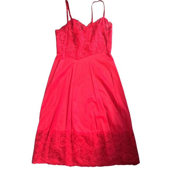 VTG VAN RAALTE bright RED Nylon short slip lace trim Hollywood Glam pin up 32 SM - Picture 4 of 10